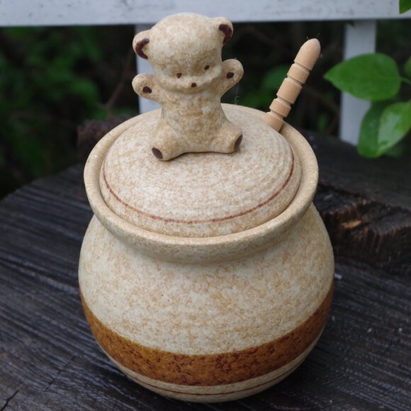 Cute Honey Pottery Jar With Bear Hand Crafted Stone Wear - Picture 3 of 6